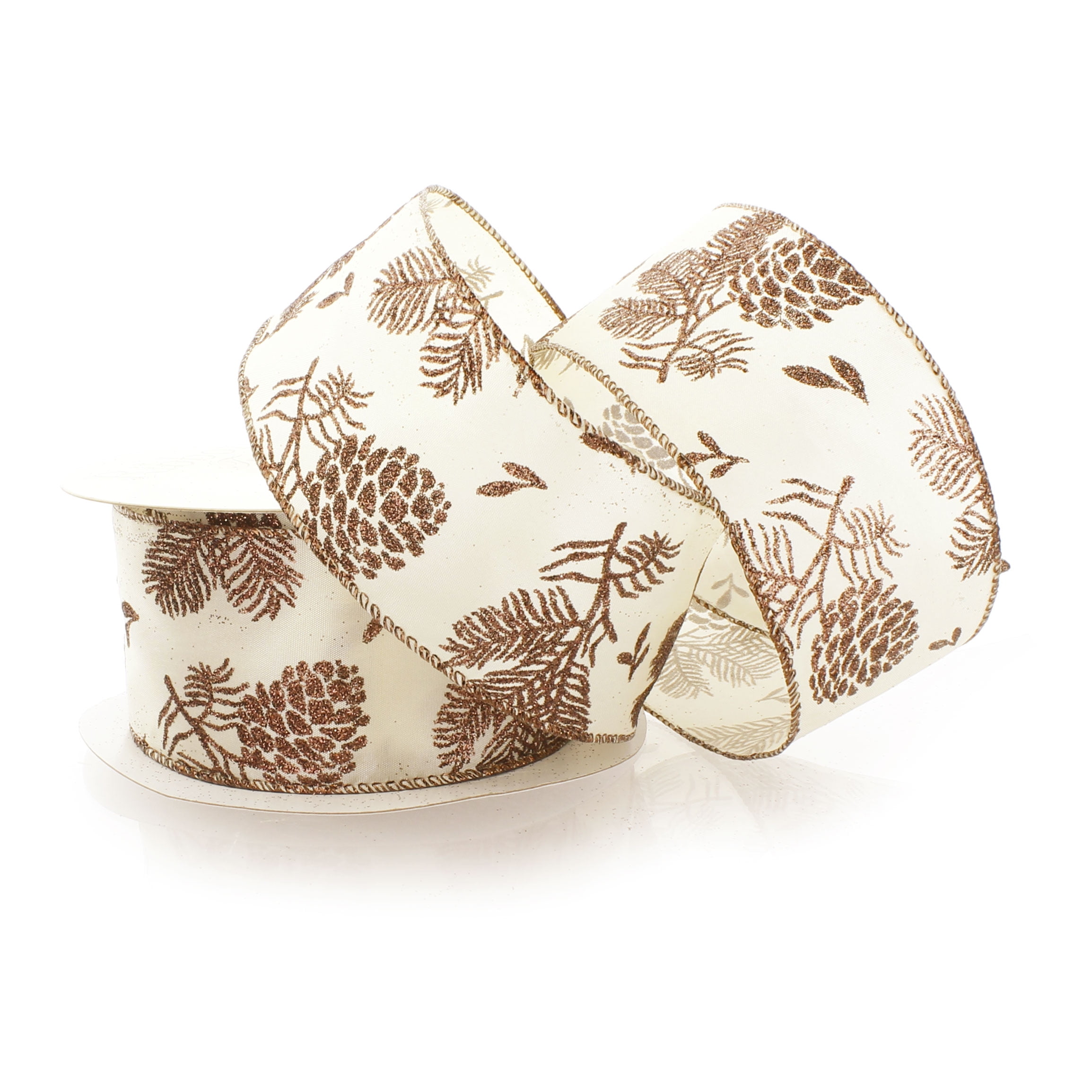 Ribbon Traditions Brown Glitter Pinecone Wired Ribbon 2 1/2" by 25 Yards