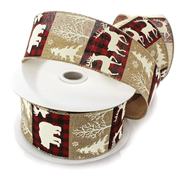 Ribbon Traditions Buffalo Plaid Moose/Trees on Natural Wired Ribbon 2 1/2" by 10 Yards