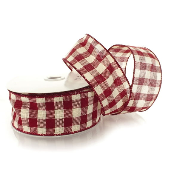 Ribbon Traditions Fall Gingham Plaid Burgundy / Cream Wired Ribbon 2 1/2" By 25 Yards