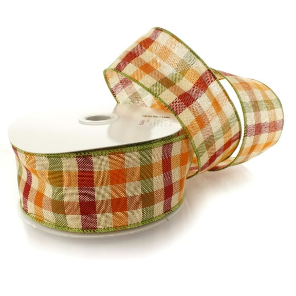 Ribbon Traditions Fall Gingham Plaid Orange / Green / Maroon Wired Ribbon 2 1/2" By 25 Yards