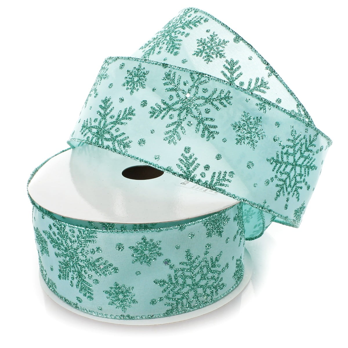 Ribbon Traditions Glitter Snowflakes Satin Wired Ribbon 2 1/2 Inch By 10 Yards - Aqua