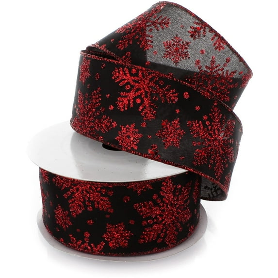 Ribbon Traditions Glitter Snowflakes Satin Wired Ribbon 2 1/2 Inch By 25 Yards - Black / Red