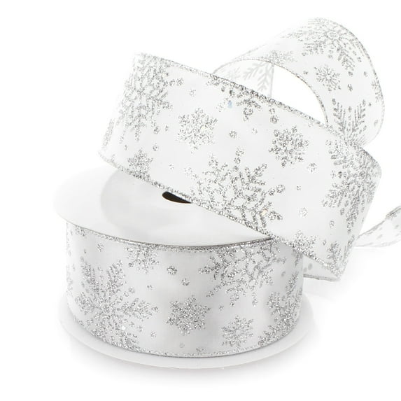 Ribbon Traditions Glitter Snowflakes Satin Wired Ribbon 2 1/2 Inch By 25 Yards - White / Silver
