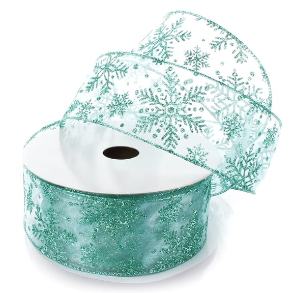 Ribbon Traditions Glitter Snowflakes Sheer Wired Ribbon 2 1/2 Inch By 10 Yards - Aqua