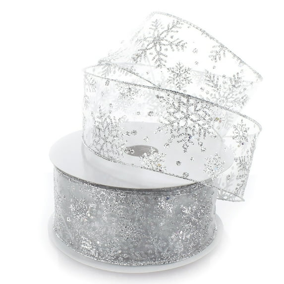 Ribbon Traditions Glitter Snowflakes Sheer Wired Ribbon 2 1/2 Inch By 10 Yards - Silver