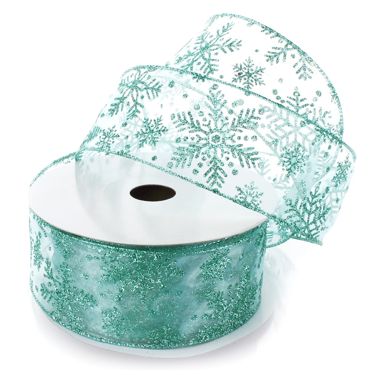 Ribbon Traditions Glitter Snowflakes Sheer Wired Ribbon 2 1/2 Inch By 25 Yards - Aqua