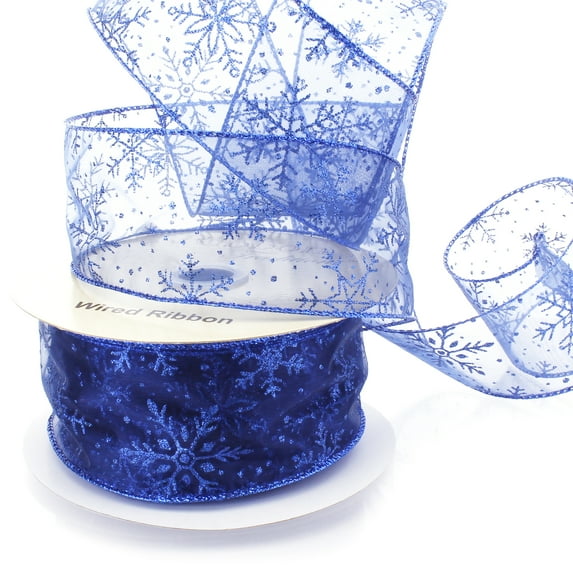 Ribbon Traditions Glitter Snowflakes Sheer Wired Ribbon 2 1/2 Inch By 25 Yards - Royal Blue