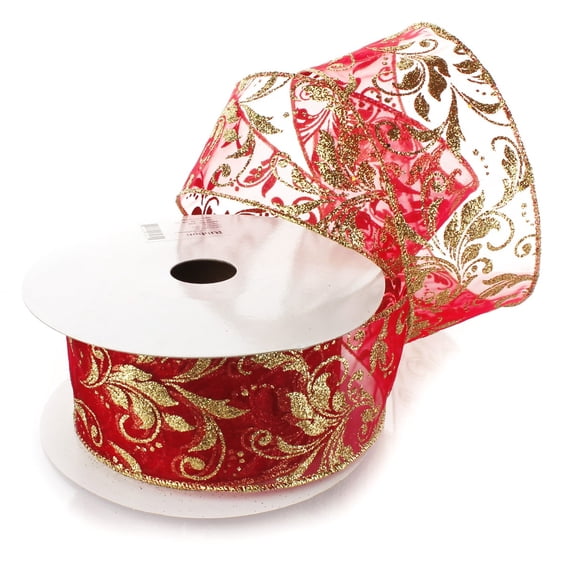 Ribbon Traditions Glitter Swirl Leaves Wired Ribbon 2 1/2" By 10 Yards - Red / Gold Sheer