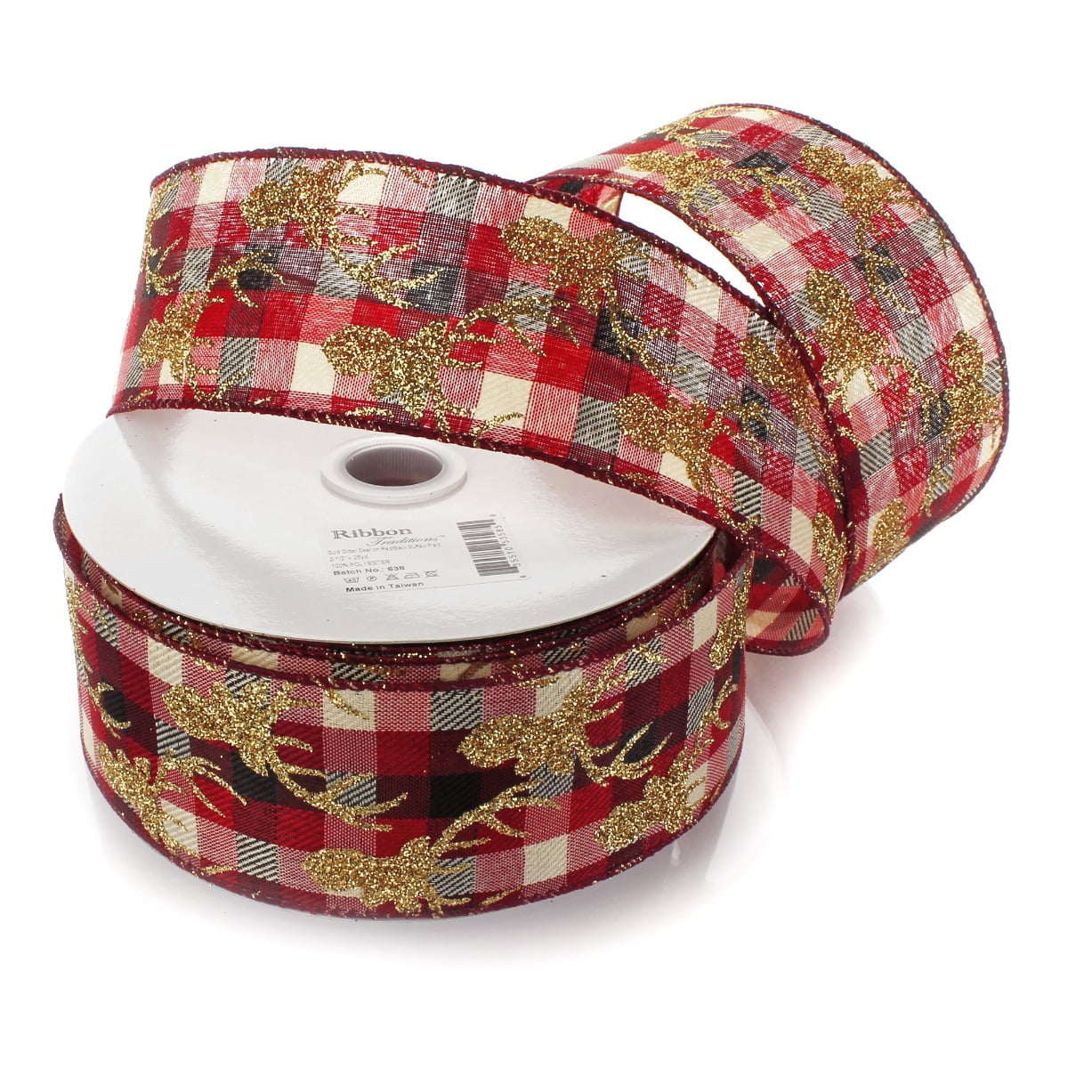 Ribbon Traditions Gold Glitter Deer Red/Black Buffalo Plaid Wired Ribbon 2 1/2" by 25 Yards