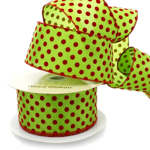 Ribbon Traditions Green with Red Flocked Dots Wired Ribbon 2 1/2" by 10 Yards