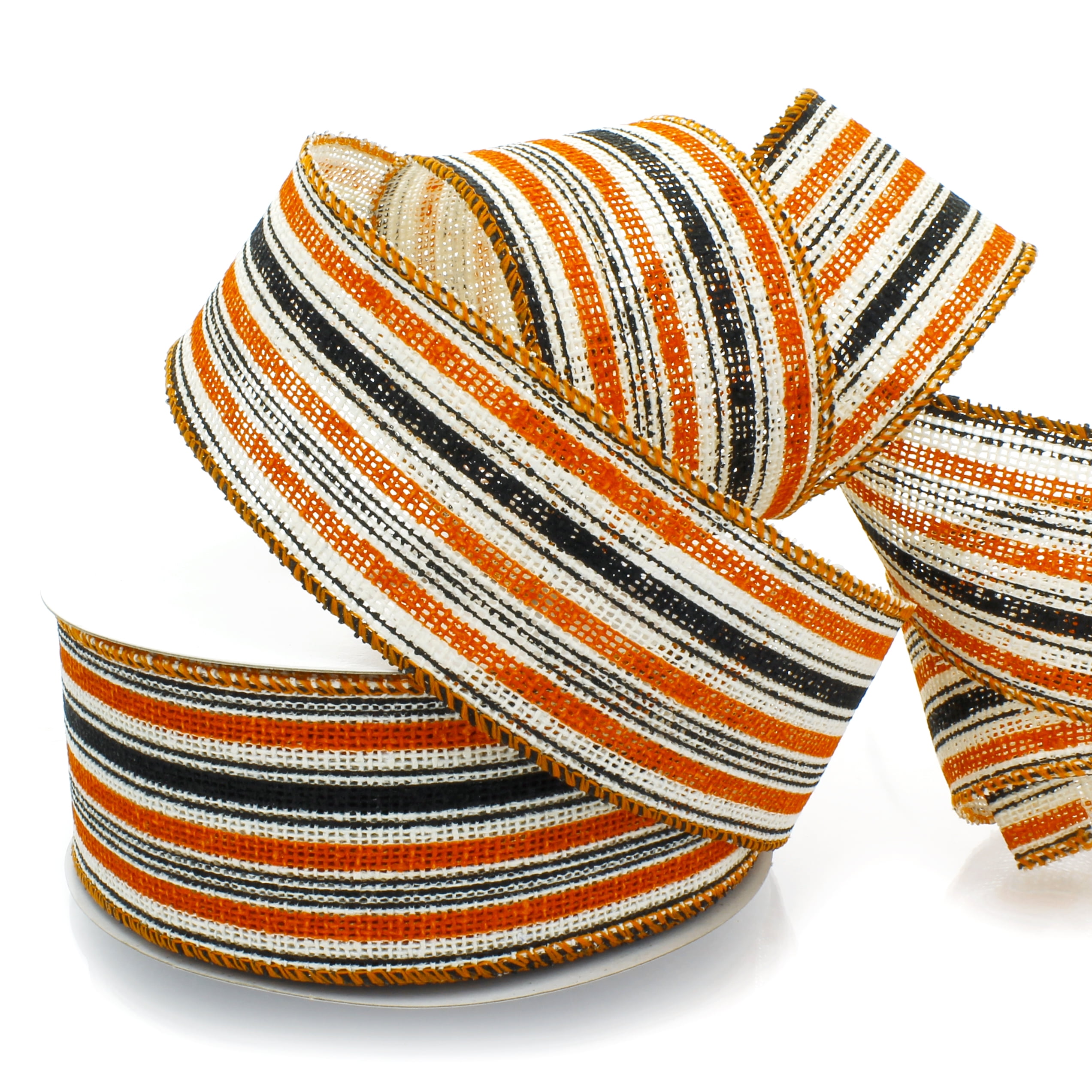 Ribbon Traditions Halloween Orange / Black / White Stripes Burlap Wired Ribbon 2 1/2" by 25 Yards
