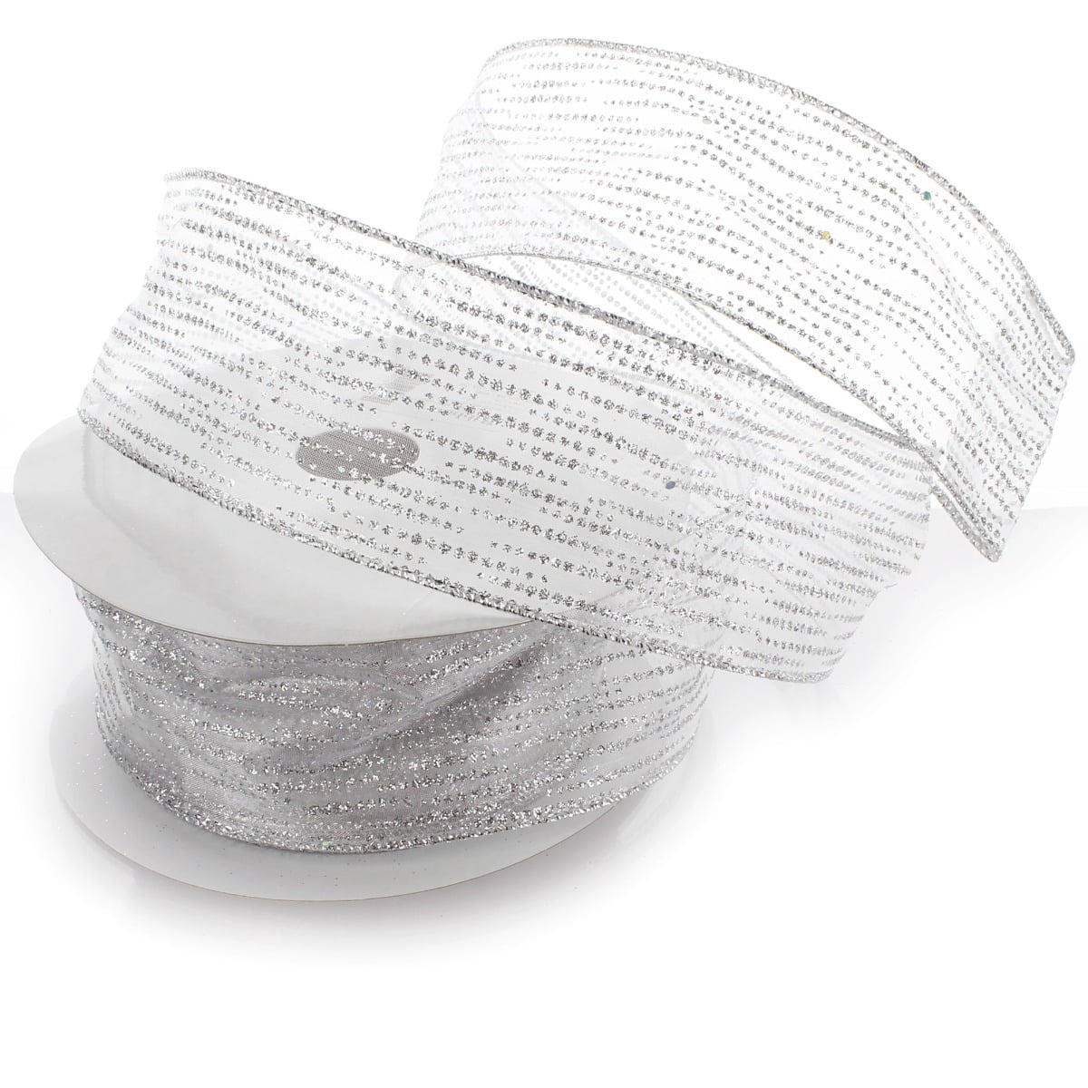 Ribbon Traditions Horizontal Glitter / Sequin Stripes Sheer Wired Ribbon 2 1/2 Inch by 25 Yards - Silver
