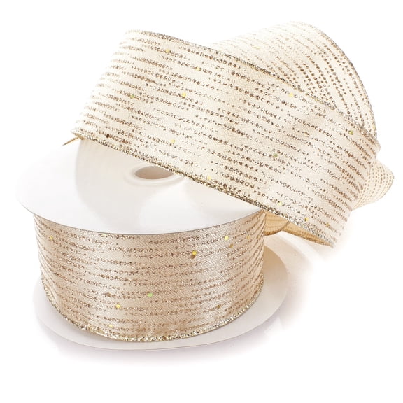 Ribbon Traditions Horizontal Glitter / Sequin Stripes Solid Wired Ribbon 2 1/2 Inch by 25 Yards - Champagne