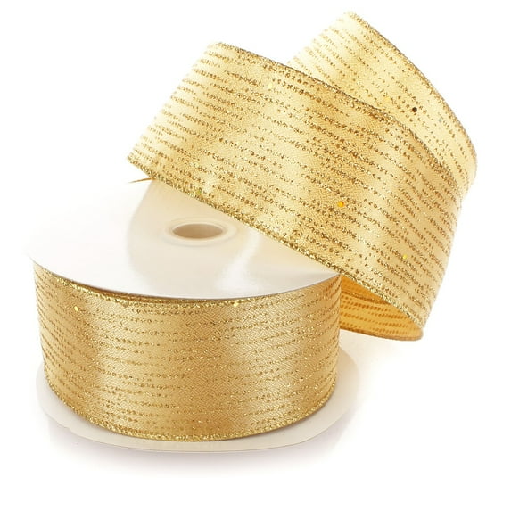 Ribbon Traditions Horizontal Glitter / Sequin Stripes Solid Wired Ribbon 2 1/2 Inch by 25 Yards - Gold