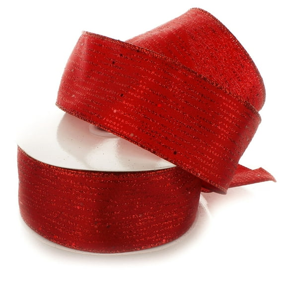 Ribbon Traditions Horizontal Glitter / Sequin Stripes Solid Wired Ribbon 2 1/2 Inch by 25 Yards - Red