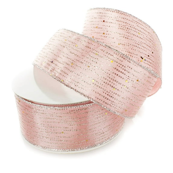 Ribbon Traditions Horizontal Glitter / Sequin Stripes Solid Wired Ribbon 2 1/2 Inch by 25 Yards - Rose Gold / Silver