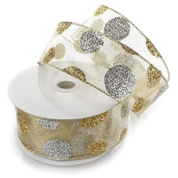 Ribbon Traditions Large Glitter Dots Gold / Silver Wired Ribbon 2 1/2 Inch by 25 Yards