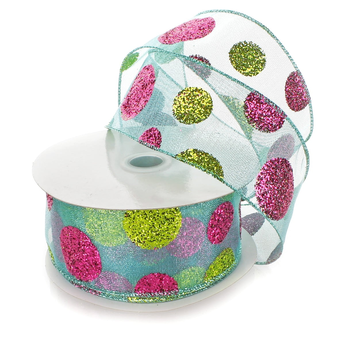 Ribbon Traditions Large Glitter Dots Turquoise / Apple / Hot Pink Wired Ribbon 2 1/2 Inch by 10 Yards