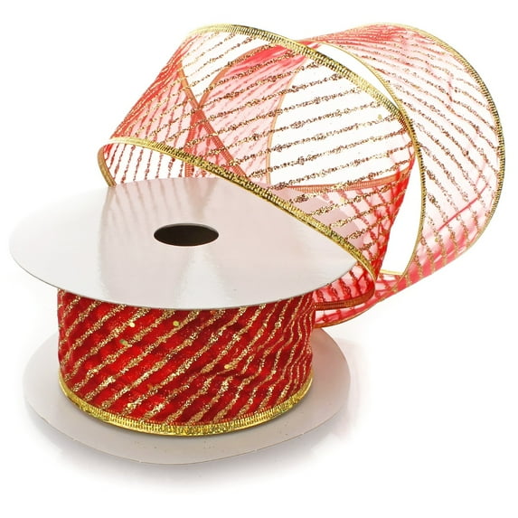 Ribbon Traditions Metallic Banded Edge Sheer Diagonal Wired Ribbon 2 1/2" by 10 Yards - Light Red / Gold