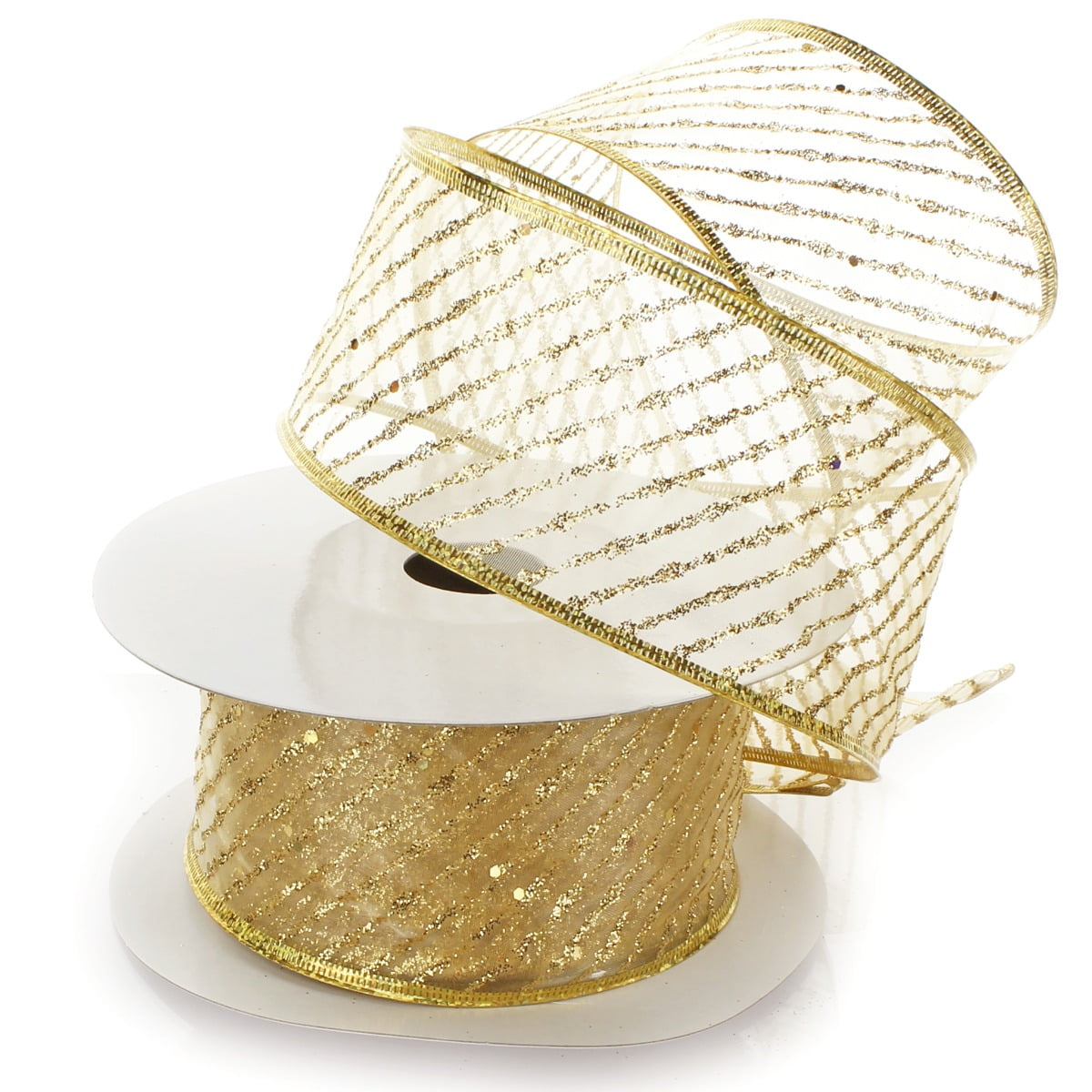 Ribbon Traditions Metallic Banded Edge Sheer Diagonal Wired Ribbon 2 1/ ...