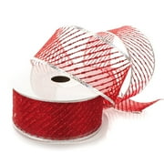 Ribbon Traditions Metallic Banded Edge Sheer Diagonal Wired Ribbon 2 1/2" by 25 Yards - Red / Silver