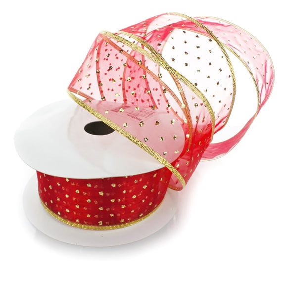 Ribbon Traditions Metallic Banded Edge Sheer Glitter Dots Wired Ribbon 2 1/2" by 10 Yards - Light Red / Gold