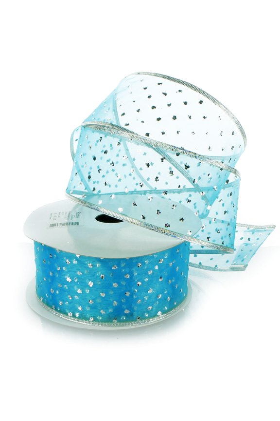 Ribbon Traditions Metallic Banded Edge Sheer Glitter Dots Wired Ribbon 2 1/2" by 10 Yards - Turquoise / Silver