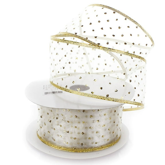 Ribbon Traditions Metallic Banded Edge Sheer Glitter Dots Wired Ribbon 2 1/2" by 25 Yards - Ivory /Gold