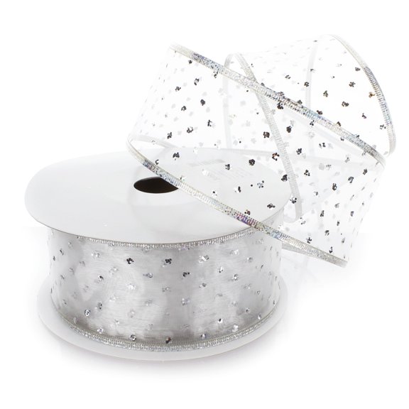 Ribbon Traditions Metallic Banded Edge Sheer Glitter Dots Wired Ribbon 2 1/2" by 25 Yards - Silver