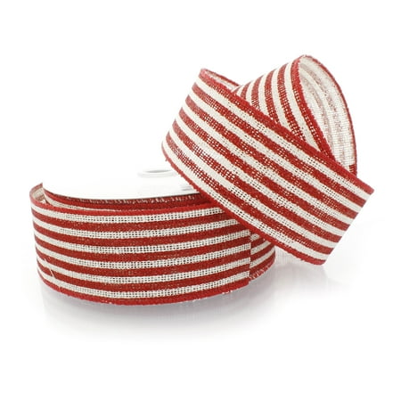 Ribbon Traditions Narrow Farmhouse Stripes Burlap Wired Ribbon 2 1/2" By 10 Yards - Red / Off-White