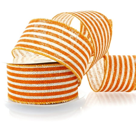 Ribbon Traditions Narrow Farmhouse Stripes Burlap Wired Ribbon 2 1/2" By 25 Yards - Orange / Off-White