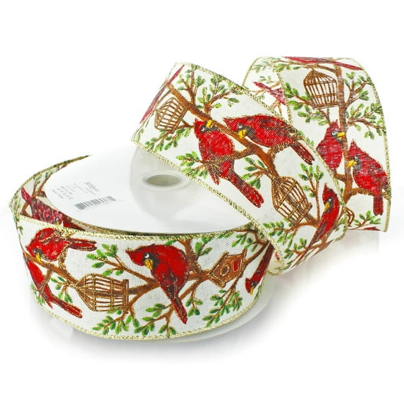 Ribbon Traditions Red Cardinal Birdhouse on Cream Wired Ribbon 2 1/2" by 10 Yards