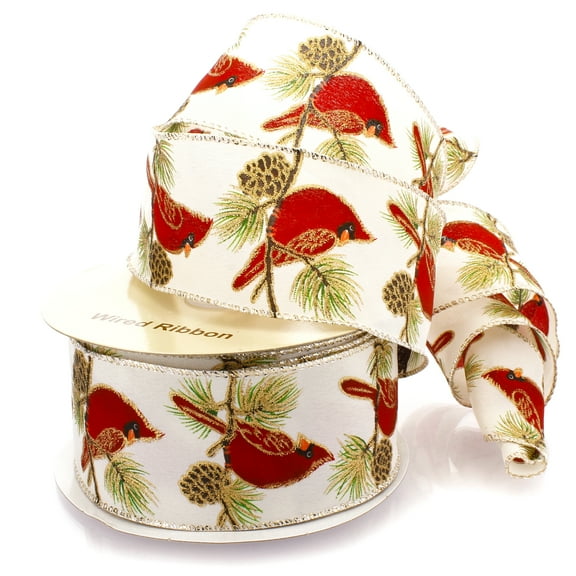 Ribbon Traditions Red Cardinal on Pine Branches Wired Ribbon 2 1/2" by 25 Yards