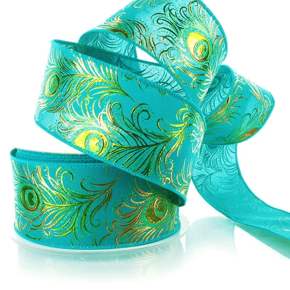 Ribbon Traditions Shimmer Peacock Plume Wired Ribbon 2 1/2" by 25 Yards - Jade