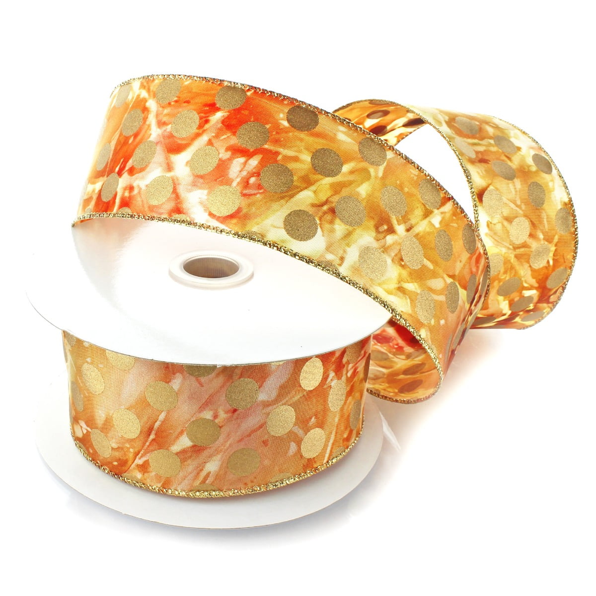 Ribbon Traditions Tie-Dye Wired Ribbon 2 1/2" By 10 Yards - Gold Shimmer Dots Watercolor