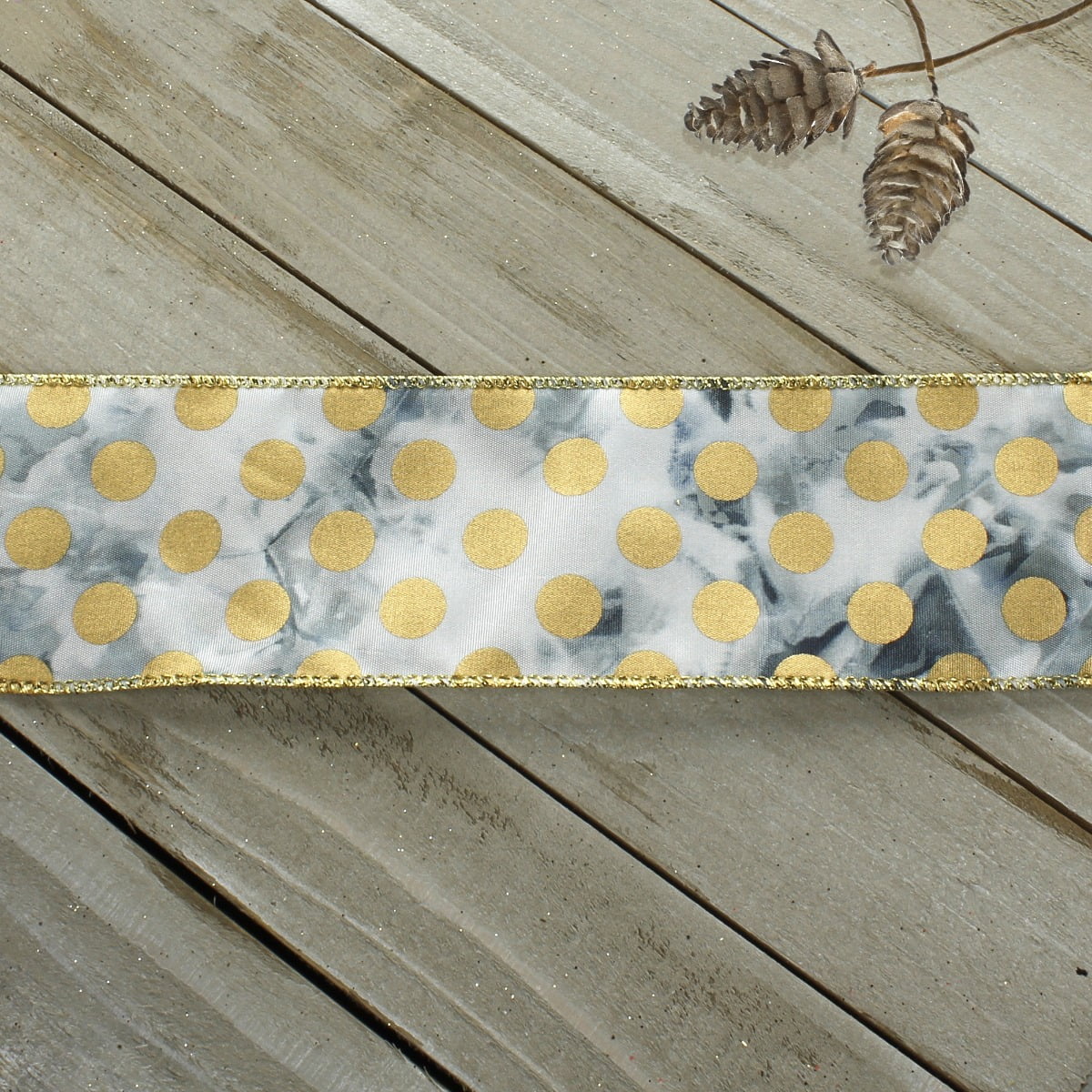 Ribbon Traditions Tie-Dye Wired Ribbon 2 1/2" By 25 Yards - Gold Shimmer Dots Navy Blue