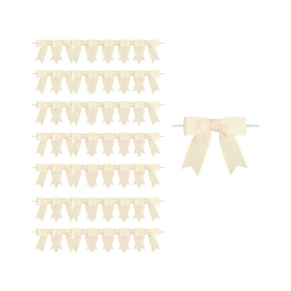 Ribbon Twist Tie Bows 50Pcs Mini Pretied Premade Craft Bows for Treat Bags Gift Wrapping Basket Wedding Baby Shower Brithday Party Supplies (Beige)