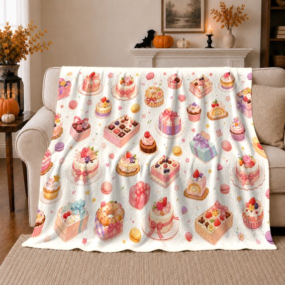 Ribboned Cakes Gift Boxes Cupcakes And Macarons, Soft Flannel Blanket with Celebration decorative motif Watercolor Print, Housewarming Gift and Home Decor for Bedroom and Living Room