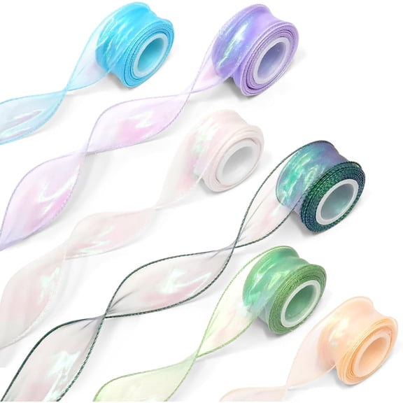Ribbons for Gift Wrapping, General 6 Rolls 1.57Inch Transparent Ribbon Christmas Iridescent Ribbon, Dreamy Tulle Ribbons for Crafts Wedding Christmas Invitations Bouquet Crafts Decor
