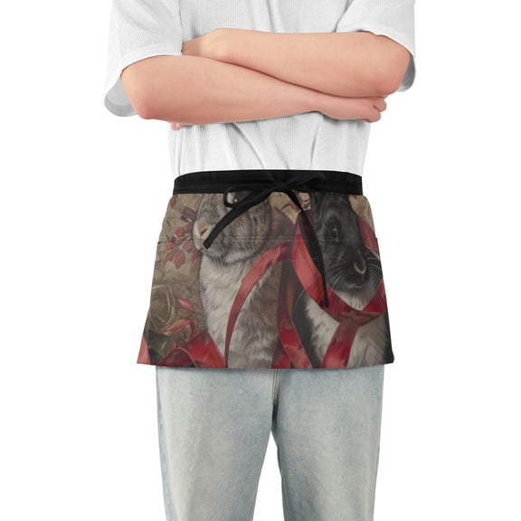 Ribbons Rabbits Waist Apron Adjustable Server Half Apron Kitchen Cooking with 3 Pockets for Men Women