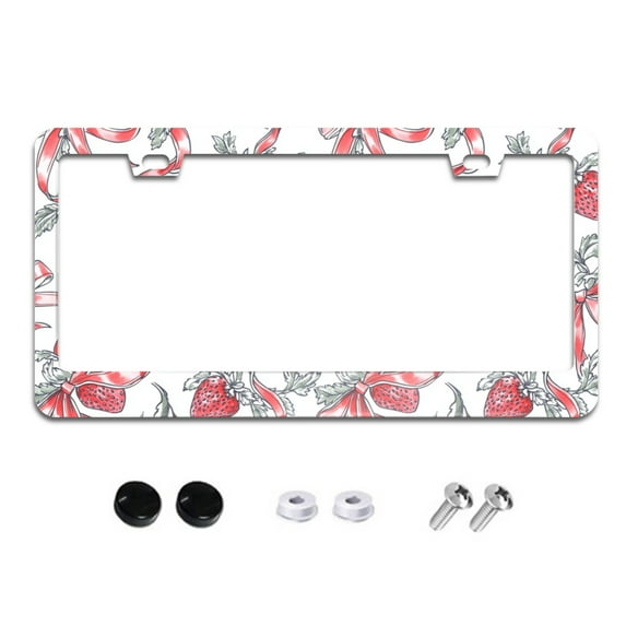Ribbons and Strawberries License Plate Frames for Women Men Car Plate Holder Cover Metal Tag Aluminum Car Accessories Front Rear Plate Decor
