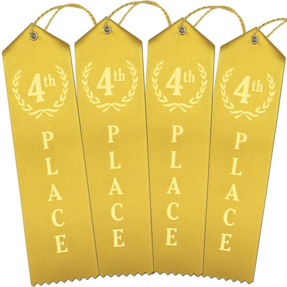 RibbonsNow 4th Place Award Ribbons - 100 Yellow Ribbons with Card & String