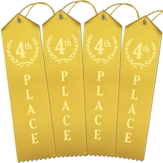 RibbonsNow 4th Place Award Ribbons - 100 Yellow Ribbons with Card & String