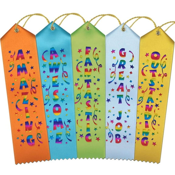 RibbonsNow Fun Award Ribbons - 50 Total Ribbons - 10 Each of Amazing, Awesome, Fantastic, Great Job, and Outstanding with Card & String