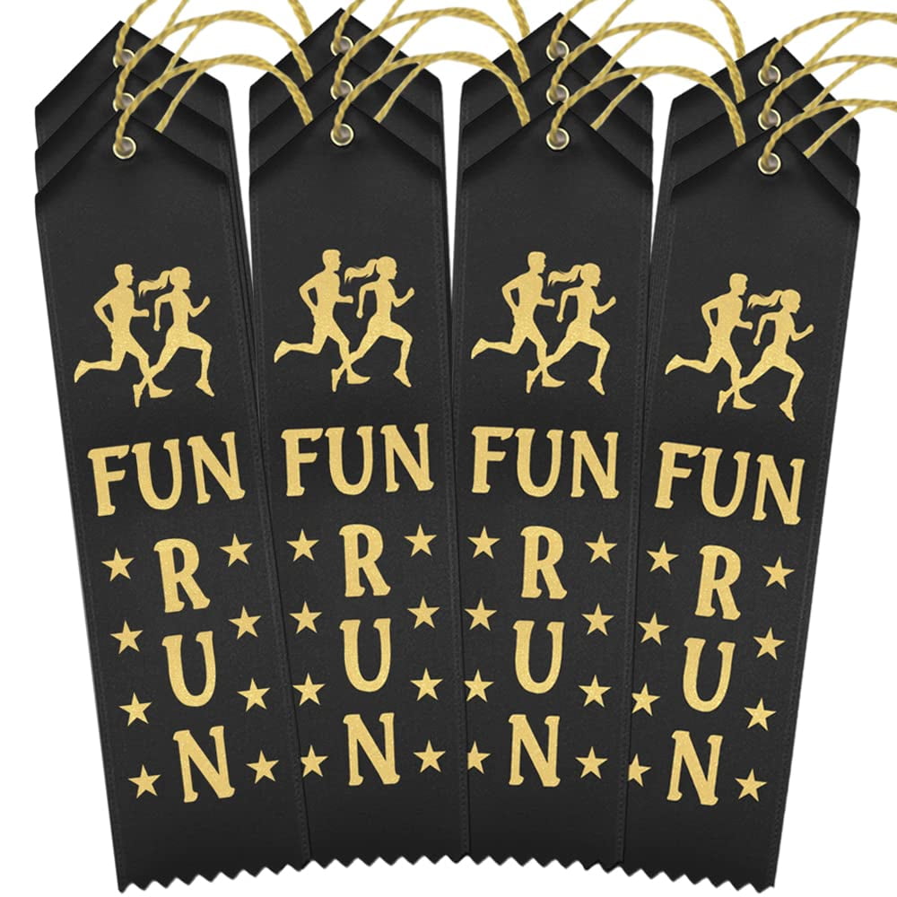 RibbonsNow Fun Run Ribbons - 300 Ribbons with Card & String (Black with Gold Print)