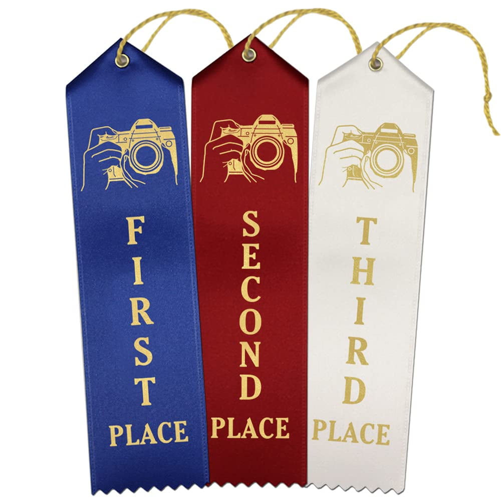 RibbonsNow Photography Award Ribbons 1st - 2nd - 3rd Place, 75 Total Ribbons - 25 Each Place with Card & String