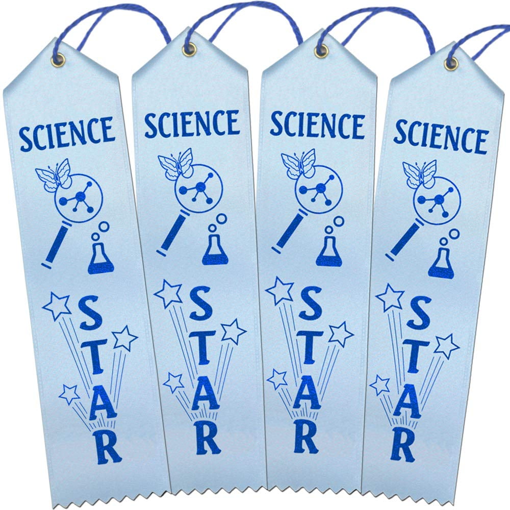 RibbonsNow Science Star Ribbons - 100 Light Blue Ribbons with Card & String