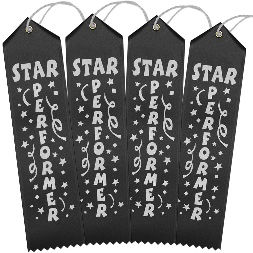 RibbonsNow Star Performer Award Ribbons - 100 Black Ribbons with Card & String