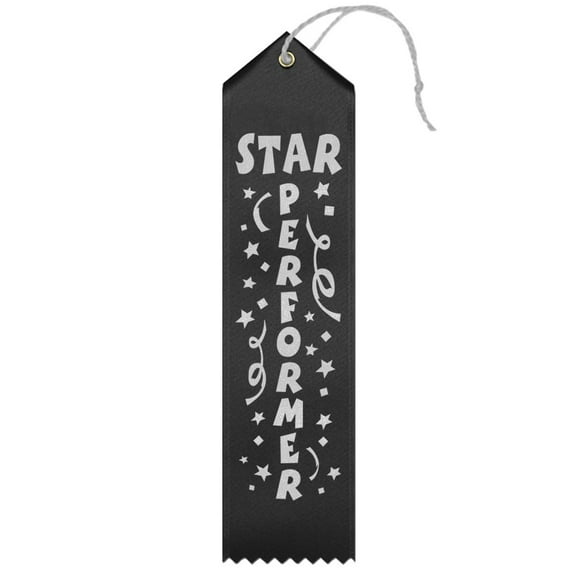 RibbonsNow Star Performer Award Ribbons - 25 Black Ribbons with Card & String