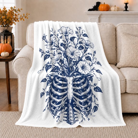 Navy curved gothic motif With Flowers And Trailing Vines, Moody Botanical Engraving for gothic Art Enthusiasts, Halloween Gift, Cozy Flannel Blanket and Home Decor for Study and Living Room
